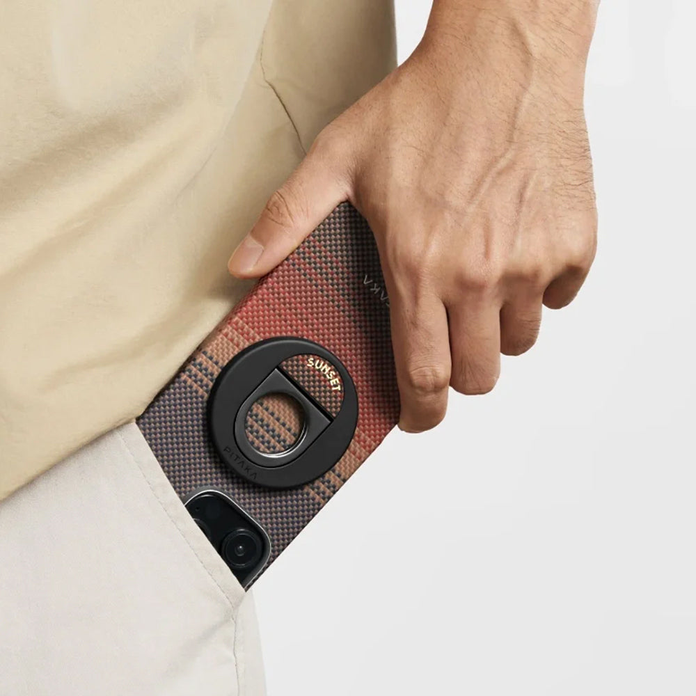 Pitaka Tactile Woven Sunset-Moonrise Serisi iPhone 16 Pro M-safe Şarj Özellikli Grip 3 Standlı Aramid Fiber Sunset Kılıf Pitaka Tactile Woven Sunset-Moonrise Serisi iPhone 16 Pro M-safe Şarj Özellikli Grip 3 Standlı Aramid Fiber Sunset Kılıf